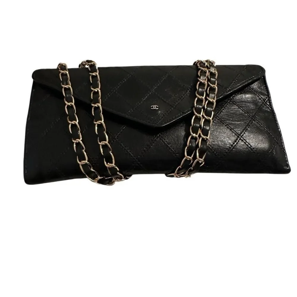 CHANEL Black Quilted Wallet with Envelope Design